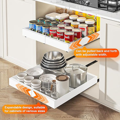 LEGUANG 2 Pack Expandable Pull-Out Cabinet Organizers (12.6-20.4" W x 21" D) - Upgraded 3 Quiet Slide Rails, Nano-Film Adhesive Fixing, White, Fit Kitchen/Living Room/Bathroom/Vanity