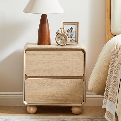 AVZEAR Small Night Stand with 2 Drawers, Mid Century Modern Nightstands with Solid Wood Legs, 2 Drawer Dresser Curved Profile Design End Table Side Table for Small Space, Dorm, Bedroom((Natural)