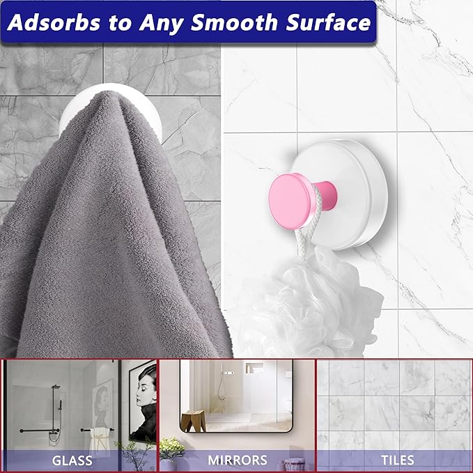 Suction Cup Hooks for Shower,Removable No Drill Towel Hooks,Upgraded 15 lbs Strong Suction hooks for Bathroom Tile,Shower Wall,Glass Door,Kitchen-Loofah,Coat,Stainless Waterproof-White Pink 2 Pcs