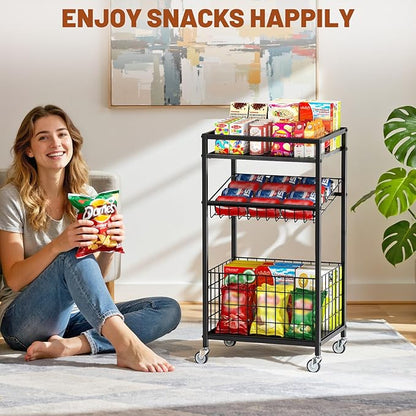 Fruit Vegetable Cart, 3-Tier Snack Kitchen Cart on Wheels & Wood Top, Utility Shelf Rack Organizer for Fruit, Vegetables, Potato, Snack, Black