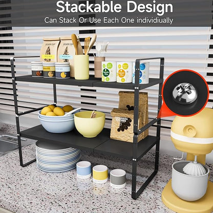 jkxoo 2Pack 16.5-27’’L Expandable Cabinet Shelf Organizers, Stackable Metal Shelves Extender for Kitchen Countertop Storage, Adjustable Spices Shelves Rack Stand for Cupboard Pantry, Black
