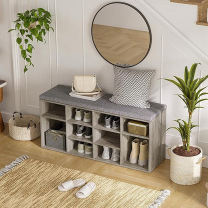 DINZI LVJ Shoe Bench, 12 Cubbies Shoe Organizer for Entryway, Storage Bench with Cushion, Cubby Shoe Rack with Adjustable Shelves for Living Room, Bedroom, Mudroom, Hallway, Gray Wash