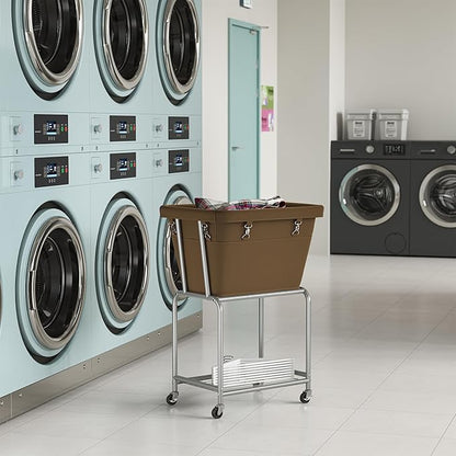 ELYKEN Laundry Cart with Wheels, Rolling Laundry Hamper with Removable Bag and Shelf, Metal Frame Laundry Basket with 4 Casters and 2 Brakes, Ideal for Bedroom, Bathroom, Laundry Room, Camel Brown