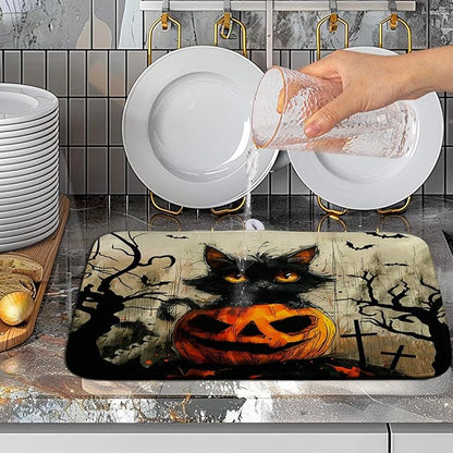Wnoesat Black Cat Halloween Kitchen Dishes Drying Mat 16x18 Inch Halloween Fall Pumpkin Bat Dish Drying Mats for Kitchen Counter Absorbent Microfiber Dish Rack Mat Drainer Pad for Coffee Bar Sinks