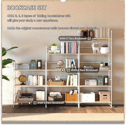4NM No Assembly 5 Tiers Collapsible Book Shelves, 51.2" H Folding Bookshelf Bookcase Open Industrial Foldable Shelves for Bedroom, Living Room, Home Office - Natural White