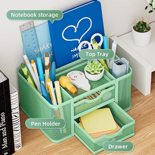 Marbrasse Mesh Desk Organizer, Pen Organizer with 2 Drawer, Multi-Functional Pencil Holder, Desk Organizers and Accessories with 5 Compartments + Drawer for Office Art Supplies (Green)