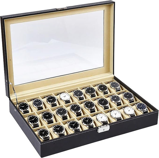 Baojulong 24-Slot Black PU Leather Watch Box, Watch Organizer with Clear Lid, Fits Various Watch Styles