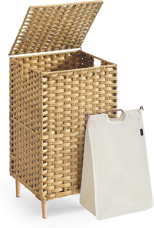 SONGMICS Laundry Hamper with Lid, PE Rattan Laundry Basket with Removable Liner, Storage Basket for Bedroom Living Room, 25 Gallons (95 L), Goose Yellow ULCB221YE01