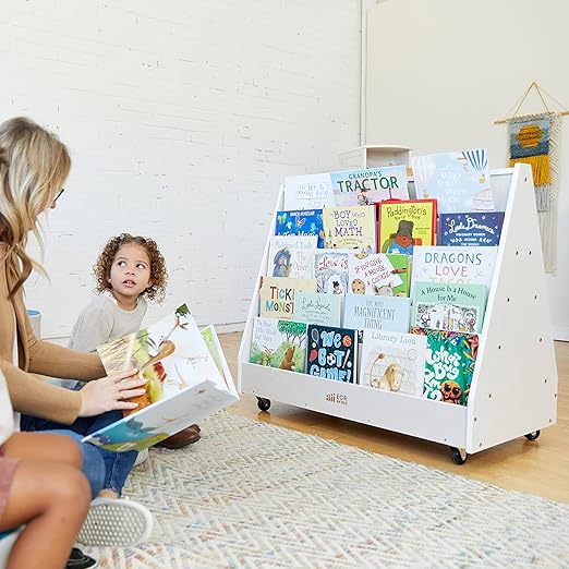 ECR4Kids Double-Sided Wooden Mobile Book Display and Storage, Montessori Furniture, White Wash