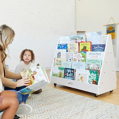 ECR4Kids Double-Sided Wooden Mobile Book Display and Storage, Montessori Furniture, White Wash