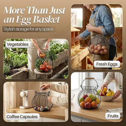 Flexzion Egg Basket for Gathering Fresh Eggs - Round Wire Countertop Egg Holder with Wooden Handles, Farmhouse Chicken Eggs Collecting Basket Storage for Countertop, Kitchen Organizer and Farm (Black)