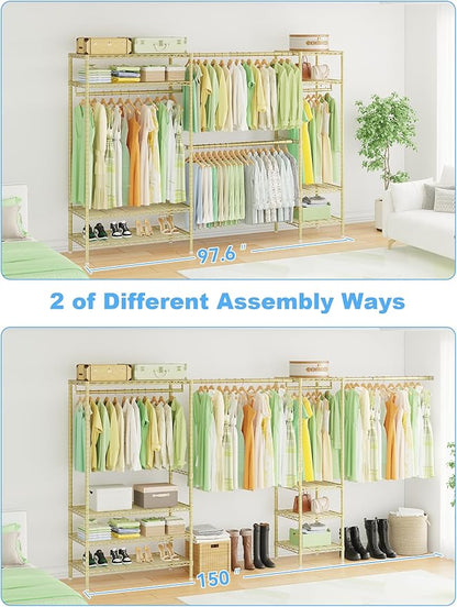 Ulif E11 Heavy-Duty Garment Rack, Metal Freestanding Clothes Rack and Closet Storage Organizer System with 8 Shelves and 4 Hanger Rods, (73.2-97.6)" W x 14.5" D x 71.2" H, Load 1034 LBS, Gold