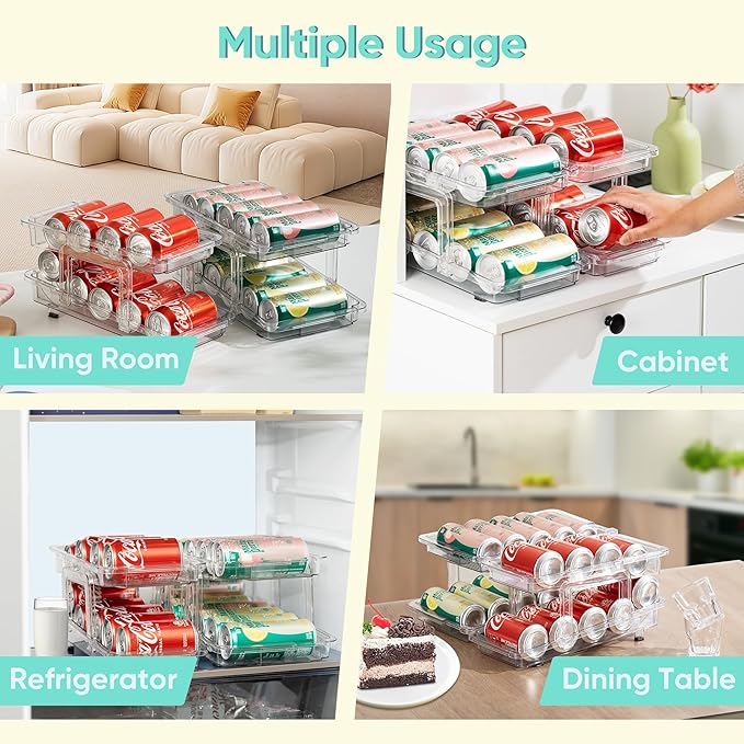 VUSIGN Expandable Soda Can Organizer 2 Pack, Adjustable Width Can Dispenser for Refrigerator 6.1''-9.38'' W, Drink Organizer for Fridge, Can Holder for Standard and Tall Can, Clear