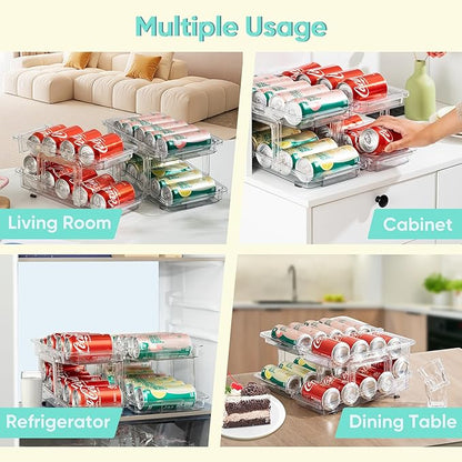 VUSIGN Expandable Soda Can Organizer 2 Pack, Adjustable Width Can Dispenser for Refrigerator 6.1''-9.38'' W, Drink Organizer for Fridge, Can Holder for Standard and Tall Can, Clear