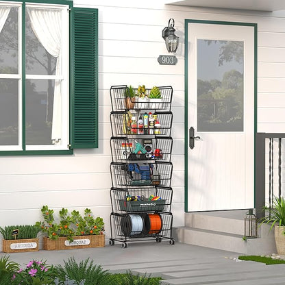 PUSDON Stackable Metal Storage Carts, Dual Use Shelf for Kitchen Fruit Vegetable Baskets with Wheels, Storage Rack for Living Room, Home & Office, Standard Black 6 Tiers