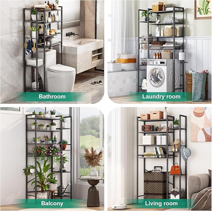 Kalrin 8-Tier Over The Toilet Storage with Side Rack, Over Toilet Storage Rack with Adjustable Shelf & Drain Basket, Freestanding Bathroom Organizer for Balcony, Laundry (Modern Grey)