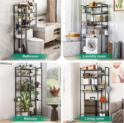 Kalrin 8-Tier Over The Toilet Storage with Side Rack, Over Toilet Storage Rack with Adjustable Shelf & Drain Basket, Freestanding Bathroom Organizer for Balcony, Laundry (Modern Grey)