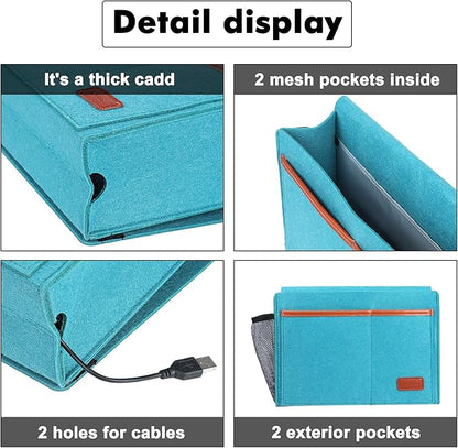 WantuSee Bedside Caddy, Bed Storage Organizer for Remote Controller, Books, Magzine, Laptop Holder, 12.4'' x 8.6'' inch Bedside Hanging Felt Storage Bag for Dorm Bed with 5 Pockets, Celadon