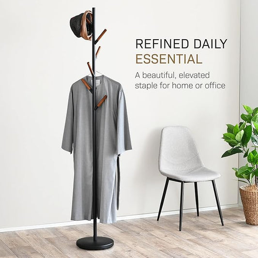 YAMAZAKI Home Freestanding Coat Rack Stand – Modern Coat Tree With Wooden Hooks, Standing Coat Hanger For Entryway, Sturdy Weighted Base, Steel, White, Easy Assembly, 70" - Steel