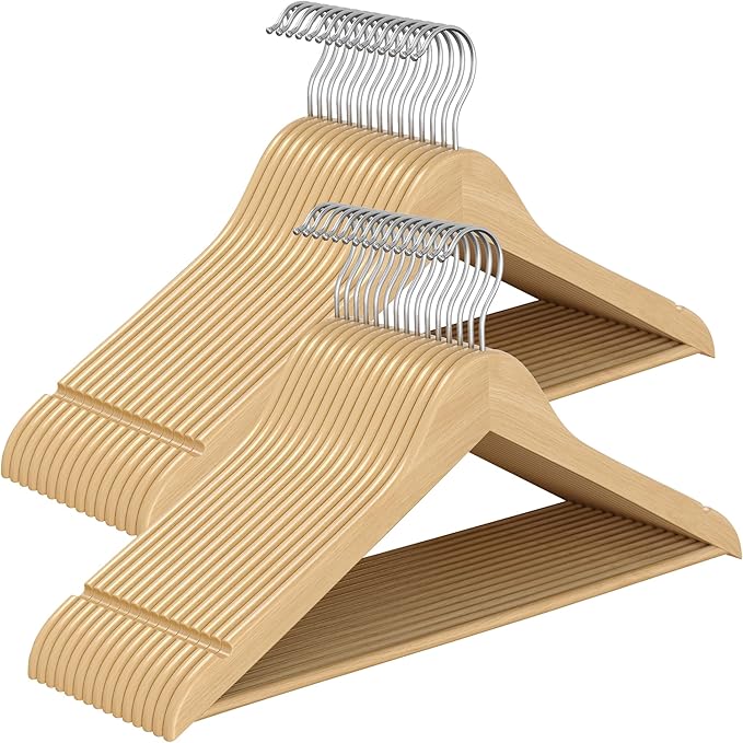 SONGMICS Wooden Hangers, Pack of 30, Coat Hangers, Pants Bar, 360° Swivel Hooks, Solid Birch Wood, Space Saving, for Jackets, Shirts, Coats, Natural Beige UCRW030K01