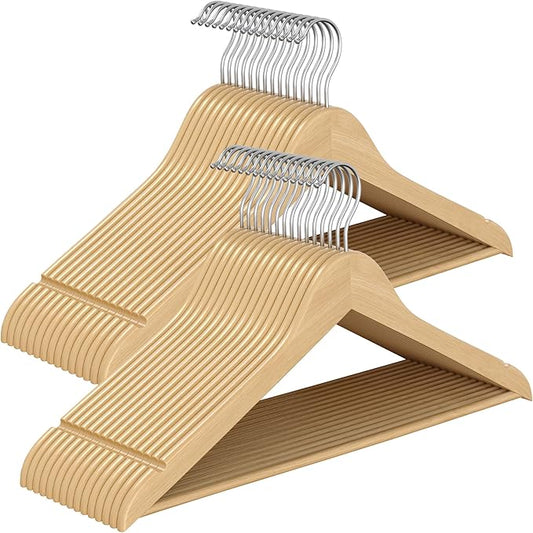 SONGMICS Wooden Hangers, Pack of 30, Coat Hangers, Pants Bar, 360° Swivel Hooks, Solid Birch Wood, Space Saving, for Jackets, Shirts, Coats, Natural Beige UCRW030K01