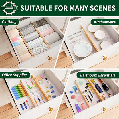 4 Pack Bamboo Drawer Dividers 2.6" High,17-22" Adjustable Spring Loaded Clothes Drawer Organizers for Kitchen, Dresser, Bathroom, Bedroom and Office