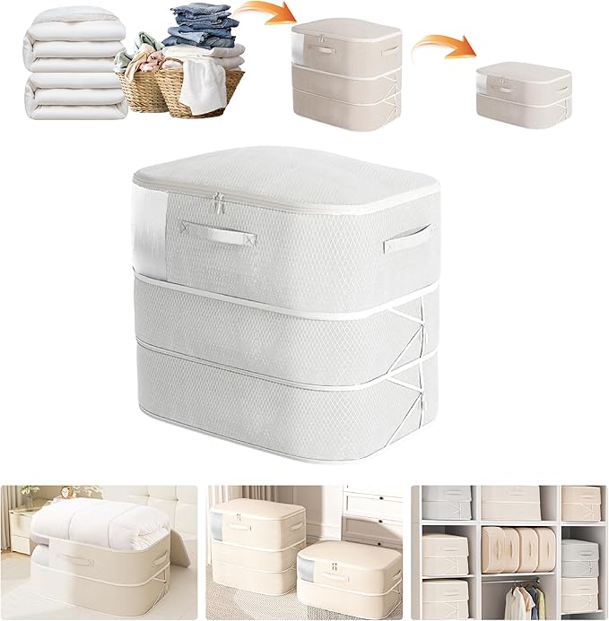 Compression Storage Bags for Bedding, 136L Ultra Space Saving Self Compression Organizer with Transparent Window, Used for Storing Comfortable Blankets,Bedding,Pillows,Clothes (Oatmeal 21x16x23 in)