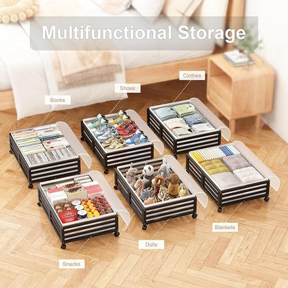 Wisuce Home Under Bed Storage Containers With Wheels - 2 Pcs Bamboo Wood Rolling Underbed Shoe Storage Bins With Dust Bags for Clothes Blankets, Duvet Covers Snacks Toys (Black)