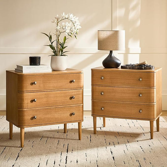 HULALA HOME Modern End Table Set of 2 with Charge Station, 3 Drawer Wood Side Table with Solid Wood Legs & Adjustable Feet, Curved Design End Table, Oak