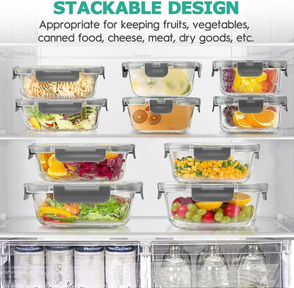 34pcs Glass Food Storage Containers with Lids Set, Airtight Glass Meal Prep Containers (17 Containers & 17 Lids), Leak Proof Lunch Container BPA-Free, Microwave, Oven, Freezer, Dishwasher Safe-Grey