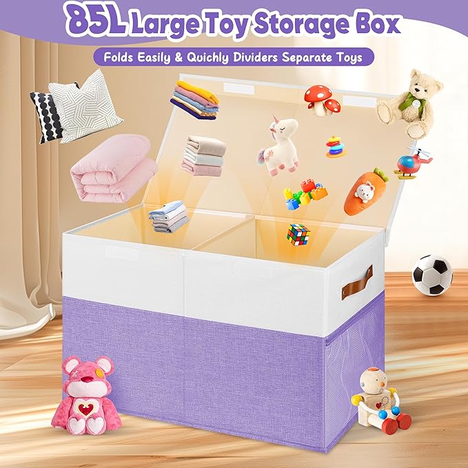 Large Toy Box, Collapsible Sturdy Storage Chest With Lids, Kids Toy Chest Storage Organizer Toddler Bin Boxes for Living Room, Bedroom, Nursery, 25"x13"x16", Purple & White