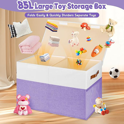 Large Toy Box, Collapsible Sturdy Storage Chest With Lids, Kids Toy Chest Storage Organizer Toddler Bin Boxes for Living Room, Bedroom, Nursery, 25"x13"x16", Purple & White