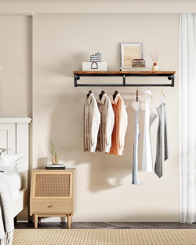 Wall Mounted Clothes Rack, Metal Garment Rack with Top Shelf, Laundry Storage Shelf with Hanging Rod, for Laundry Room, Bedroom, Entryway and Storage Room, Rustic Brown and Black TYM02BF