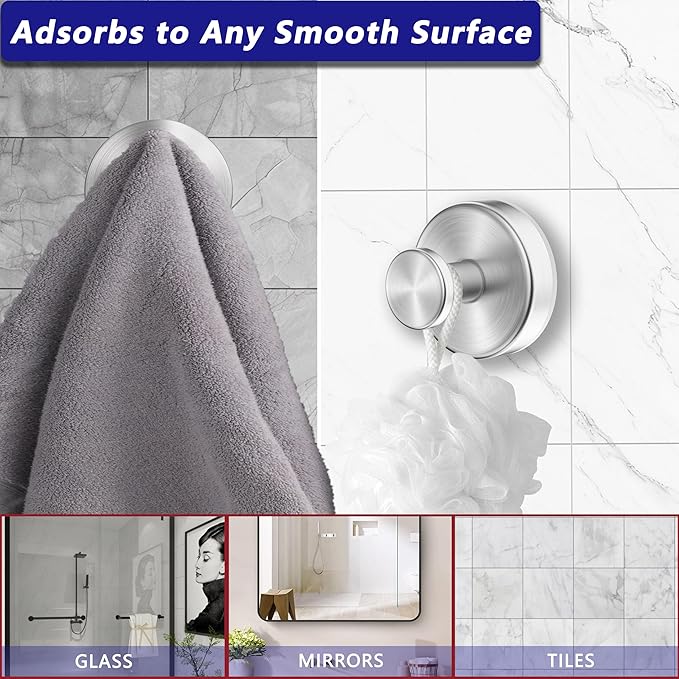 Suction Cup Hooks for Shower,Removable No Drill Towel Hooks,Upgraded 15 lbs Strong Suction hooks for Bathroom Tile,Shower Wall,Glass Door,Kitchen-Loofah,Coat,Stainless Waterproof-Silver 2 Pcs