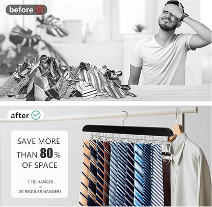 2-in-1 Belt and Tie Hanger for Closet, Upgraded Tie Rack with 20 Foldable Non-Slip Hooks, Max 30 Belts and 30 Ties, Space-Saving Wooden Tie and Belt Organizer for Camisoles, Bras, Scarves