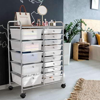 Simple Houseware Utility Cart with 15 Drawers Rolling Storage Art Craft Organizer, Chrome
