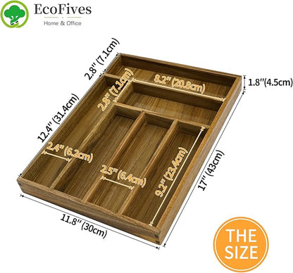 Luxury Acacia Kitchen Drawer Organizer - Silverware Organizer - Utensil Holder and Cutlery Tray with Grooved Drawer Dividers for Flatware and Kitchen Utensils (6 Slot)
