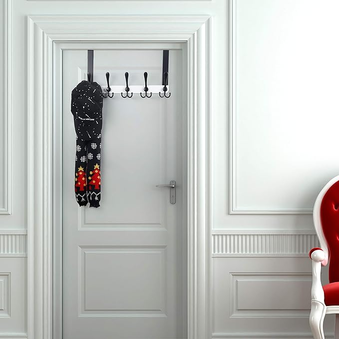 Dseap Over The Door Hook Hanger - Fits 1 3/8" to 1 3/4" Standard Doors | 5 Tri Hooks Heavy Duty Towel/Coat Rack | Door Organizer for Clothes, Jackets, Hats, Towels, White & Black