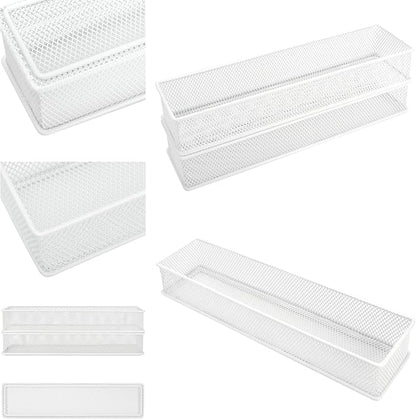 Annova Mesh Stackable Drawer Cabinet and Shelf Organizer Bins Storage Basket School Office Supply Holder Tray- Set of 2 (White, 3x12x2 Inch)