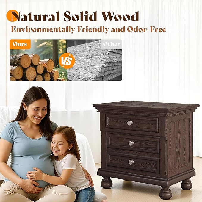 AMERLIFE Fully Assembled Nightstand, Solid Wood End Table with 2 Storage Drawers, 26" Extra Large Traditional Bedside Cabinet for Bedroom, Dark Brown