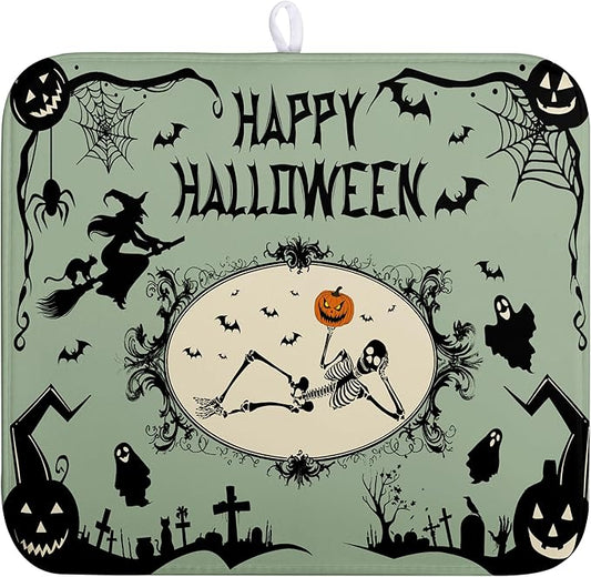 Wnoesat Happy Halloween Dish Drying Mat for Kitchen Counter 16x18 Skull Pumpkin Witch Spider Web Bat Ghost Drying Mats Green Black Absorbent Microfiber Dish Drainer Rack Pad for Coffee Bar