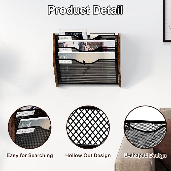 Hanging Wall Files Organizer, 3 Tier Mail Organizer Wall Mounted,Hanging File Holder,Magazine Rack for Documents,Magazine,Literature,File,Mails,Envelopes