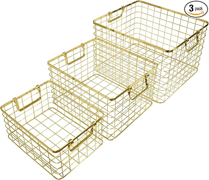 Set of 3 Nested Wire Basket Trays for Storage and Organizing (Gold)