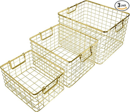 Set of 3 Nested Wire Basket Trays for Storage and Organizing (Gold)