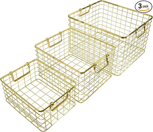 Set of 3 Nested Wire Basket Trays for Storage and Organizing (Gold)