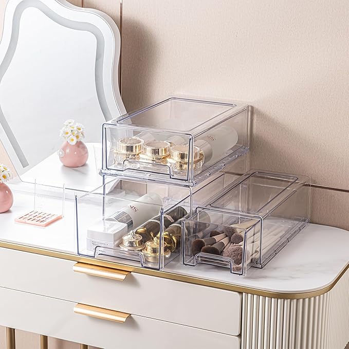 2 Pack Stackable Pull-Out Storage Drawers,Plastic Clear Organizer Bins with Handles,Easily Clean for Craft,and Toy Organization,Kitchen,Undersink,Cabinet,Fridge,Closet,Pantry,Office,Bathroom