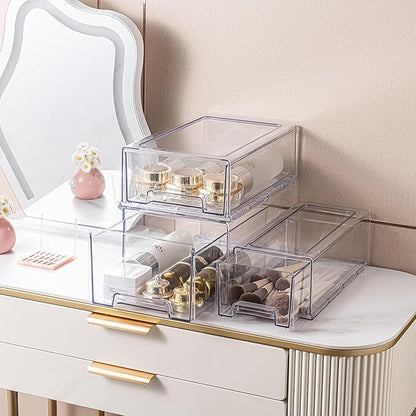 2 Pack Stackable Pull-Out Storage Drawers,Plastic Clear Organizer Bins with Handles,Easily Clean for Craft,and Toy Organization,Kitchen,Undersink,Cabinet,Fridge,Closet,Pantry,Office,Bathroom