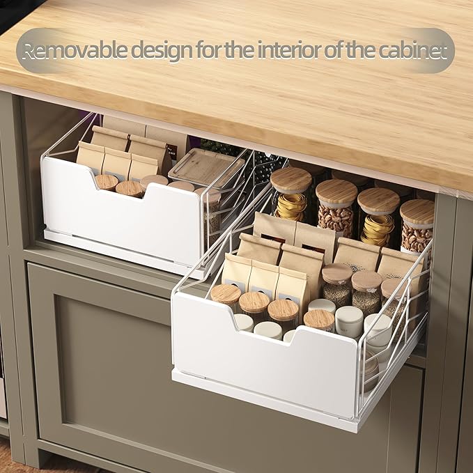 NETEL 2 Pack Pull Out Cabinet Organizer, No Drill Slide Out Drawers for Kitchen Cabinets, Peel and Stick Pull Out Drawers, Kitchen Cabinet Organizer,White,11.8" W X 20.86" D X 6.9" H