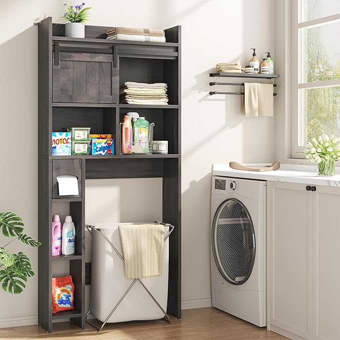 Semoic Over The Toilet Storage Cabinet, Over The Toilet Shelf with Sliding Door & Toilet Paper Holder Stand, Bathroom Above Toilet Storage, Home Space-Saving Toilet Rack for Bathroom, Restroom, Grey