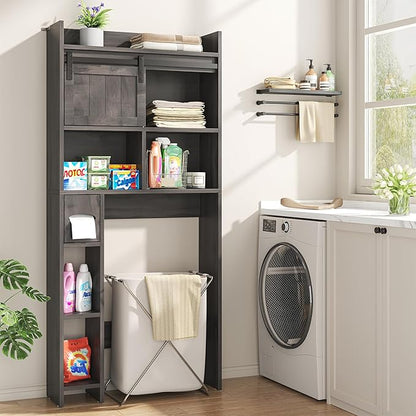 Semoic Over The Toilet Storage Cabinet, Over The Toilet Shelf with Sliding Door & Toilet Paper Holder Stand, Bathroom Above Toilet Storage, Home Space-Saving Toilet Rack for Bathroom, Restroom, Grey